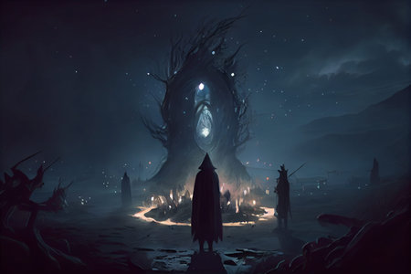 Witch sabbath cult ritual at night. loomy dramatic background, witches in black cloaks perform a ritual in a dark gloomy forest. Background for Halloween holiday. mystical scene. High quality illustrationの写真素材