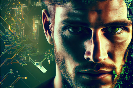 Digital transformation disruption every industry technology , artificial intelligence concept. Double exposure of male face customer and circuit board. Double exposure of male face customer and circuit board. High quality illustration.の写真素材