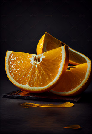 Oranges and orange juice splash on a black background. Close up of a piece of orange on black...