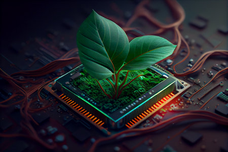 Circuit board with microchip and plant sprout taken on black background. Nanotechnology and environmental conservation concept. High quality illustrationの写真素材
