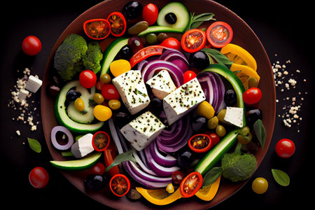 Fresh greek salad with tomato, cucumber, bel pepper , olives and feta cheese on black plate, top view, dark background. High quality photoの写真素材