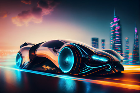 Cyberpunk futuristic Sports Car On Neon Highway. Powerful acceleration of a supercar on a night track with colorful lights and trails. neons, cybercity background.High quality illustrationの写真素材