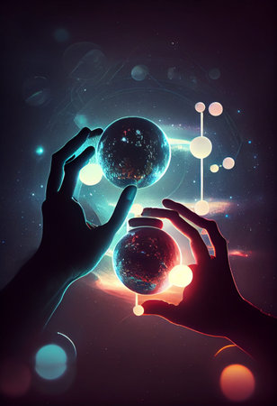 two hands holding two parts of planets with light and space background. Hands combining two parts of...
