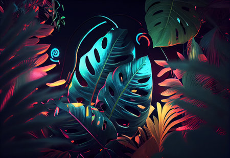 Tropical leaves with neon light. Foliage monstera in ultra violet light colour. High quality illustrationの写真素材