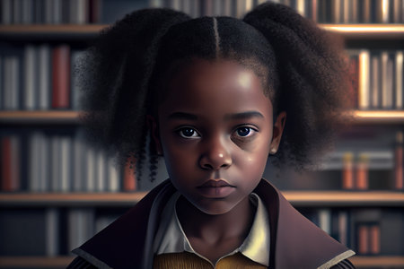 Pretty African American woman in school uniform is sitting in the library. High quality illustrationの素材