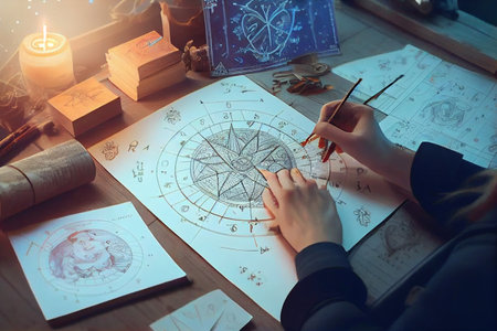 Astrology. Astrologer calculates a natal chart and makes a forecast of fate. Astrological forecast, mysticism, science. Astrological background. High quality illustrationの素材
