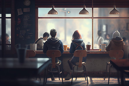 Back view people sitting in coffee shop, High quality illustrationの素材