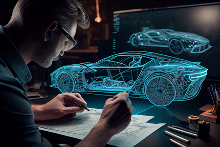 Green Energy Car Design: Automotive Engineer Using Augmented Reality Hologram to Construct 3D Model of High-Tech Electric Vehicle Optimizing Battery Efficiency. Automated Robot Arm Manufacturing. High quality illustrationの写真素材