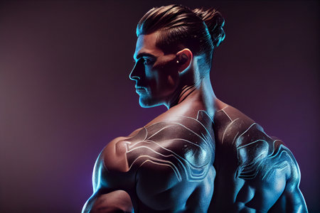 athlete black man with strong muscular back, rear view. workout, sport concept. isolated black background. High quality illustrationの素材