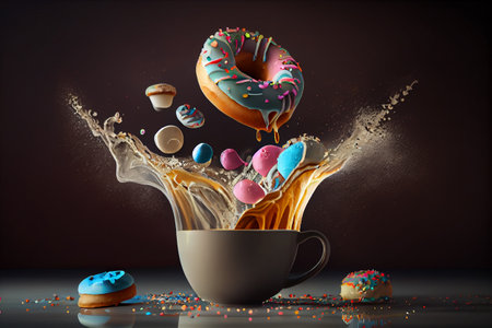 handmade donut flying in the air are on a black background with a cup of cappuccino. Fake bakery, craft concept, diet joke, proper breakfast. Levitationの素材