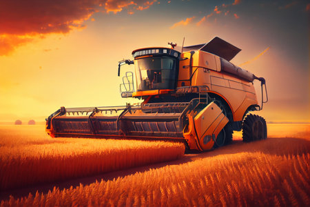 Combine harvester harvests ripe wheat. agricultureの素材