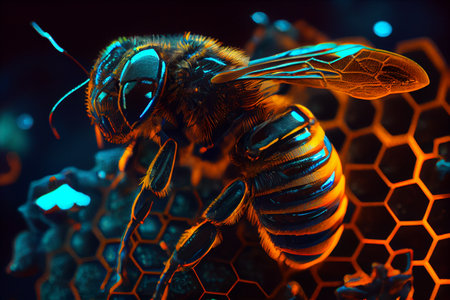 Close up view of the working bees on honeycells.の写真素材