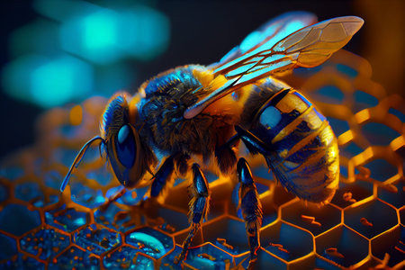 Close up view of the working bees on honeycells.