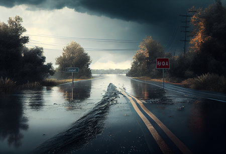 Road Leading into Flooded Street. High quality illustrationの素材