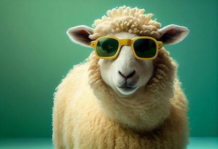 Funny sheep wearing yellow sunglasses on green back. High quality illustrationの素材