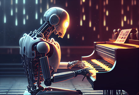Humanoid robot emotionally playing piano at a conce. High quality illustrationの素材