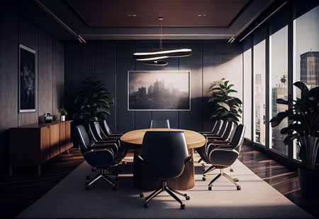 Modern conference interior and screens on the wall. The concept of workplace and enterprise. 3d Rendering illustration. High quality illustrationの写真素材