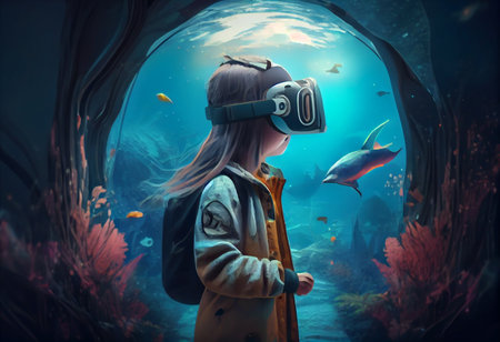 Child with VR head set. A new generation gaming device for entertainment and sport. High quality illustrationの素材