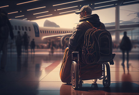 Disabled Adult People Travel In Wheelchair At Airport. High quality illustrationの素材