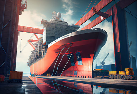 big ship on synchrolift before launching ceremony. High quality illustrationの写真素材