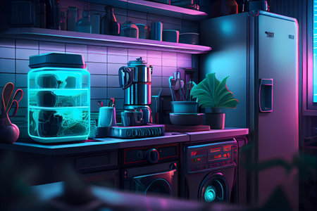 Modern kitchen with neon lights in the evening. Smart house interior. High quality illustrationの写真素材