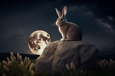 The rabbit lookinkg at the moon. High quality illustrationの写真素材
