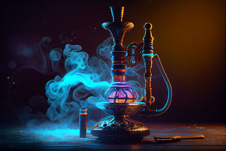 Hookah smoking on the background of an empty grunge wall, neon light, smoke, smog. High quality...