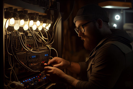 Electrician engineer tests electrical installations and wires on relay protection system. Bay...
