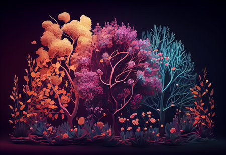 Colorful rose petals and trees. High quality illustrationの写真素材