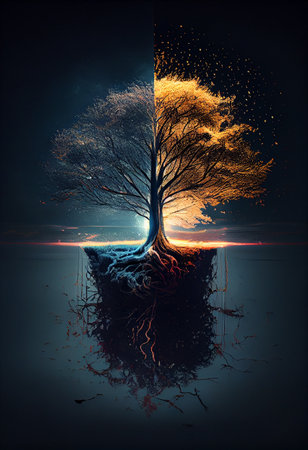 Duality tree with roots on the right side tree is dead. On the left is a beautiful leaf on a colored background for use in a project. Global warming concept. High quality illustration.の写真素材