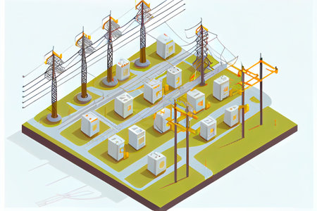 Electric power lines transmitting electricity to city.High-voltage power transmission line. Energy...