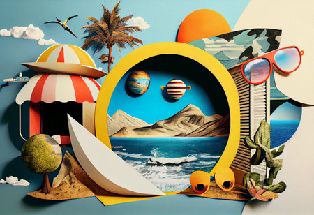 Summer vacation unusual trendy art paper collage. High quality illustration