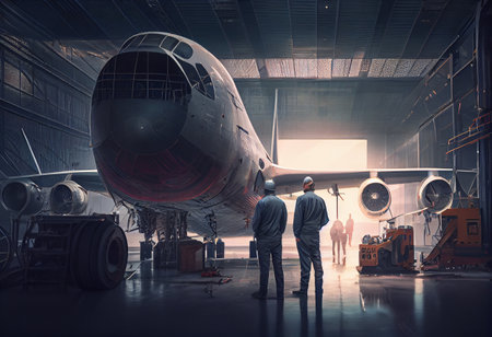 Aeronautical engineers in a hangar and a jetliner, High quality illustrationの写真素材