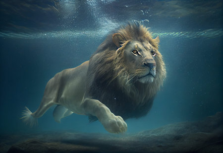 The lion dived underwater and swam, High quality illustration