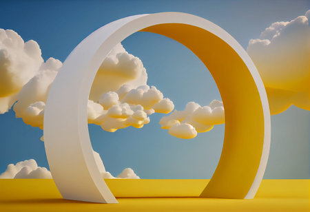 A 3D render of an abstract background with blue sky inside the arch windows on the yellow wallの写真素材