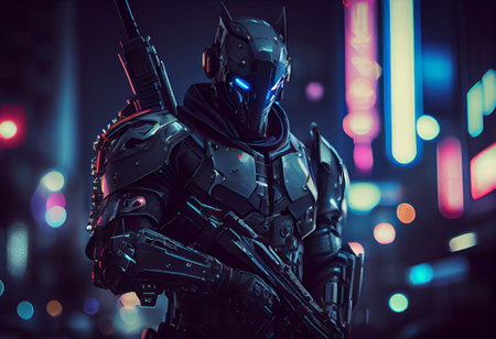 A robotic soldier against the backdrop of the city of the futureの写真素材