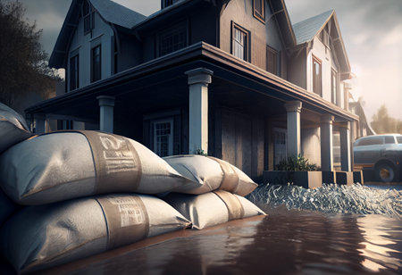 Close shot of flood Protection Sandbags with flooded homes in the background