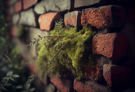 Close-up of a brick wall with mossの写真素材