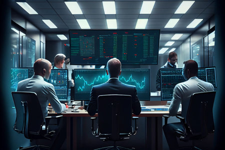 group of financial managers analysing graph screen in office