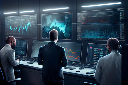 group of financial managers analysing graph screen in office