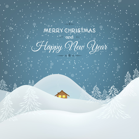 Happy New Year Christmas card template. Snowy mountains landscape. White and blue.のイラスト素材