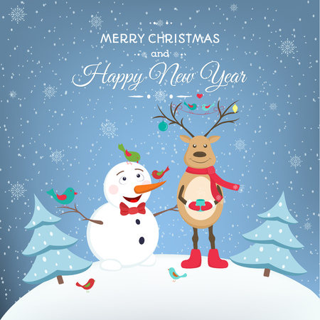 Christmas and New Year greeting card with happy snowman and deer. Blue background with snowflakes and trees.のイラスト素材