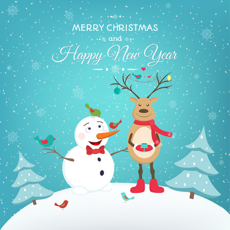 Christmas and New Year greeting card with funny snowman and deer characters. Bright blue background with snowflakes.のイラスト素材