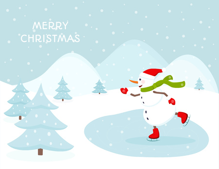 Snowman ice skating outdoors on a frozen lake. Hills trees snowfall landscape backdrop. Merry Christmas greeting card template.のイラスト素材