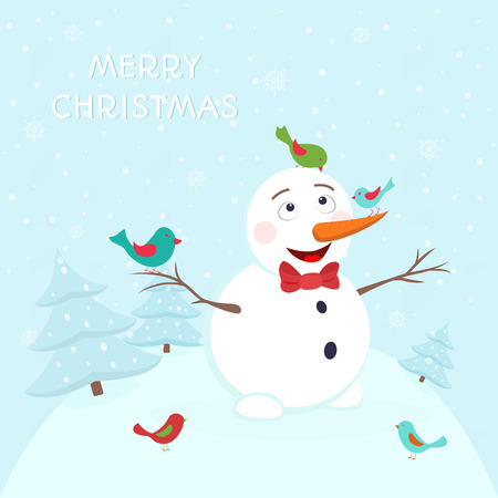 Happy smiling snowman play with birds. New Year greeting card template.のイラスト素材