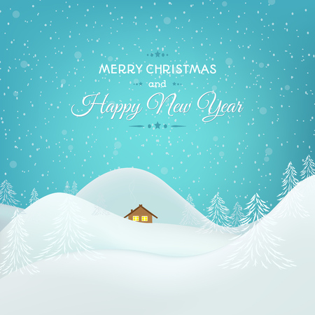 Christmas New Year greeting card. Snowy winter landscape. House in mountain. Bright blue background.のイラスト素材