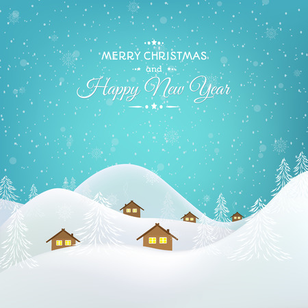 New Year Christmas greeting card template. Winter snow village mountains forest valley scenic landscape. Bright blue sky. Rural chalet houses with glowing windows. Vector design illustration.のイラスト素材
