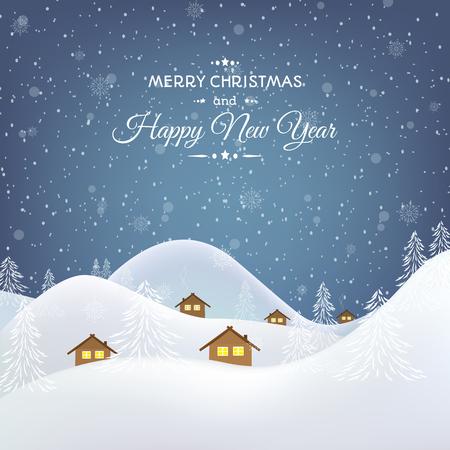 Winter village mountains forest valley night scenic landscape. Rural chalet hut buildings with glowing windows in snowdrift. New Year Christmas greeting card template. Vector design illustration.のイラスト素材
