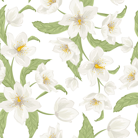 Blooming hellebore flowers foliage. Floral seamless pattern. Helleborus niger. Winter rose. Christmas rose. Lenten Rose. Detailed drawing watercolor style.のイラスト素材