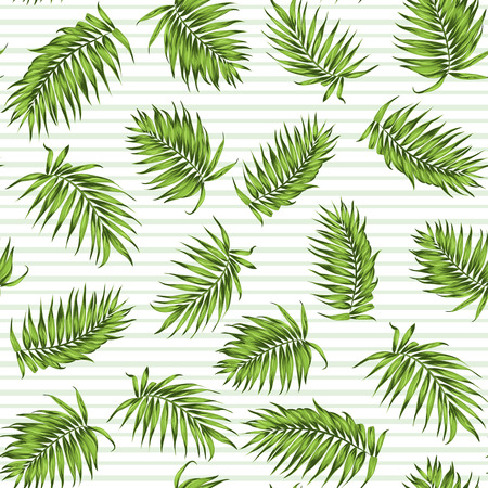 Tropical exotic palm tree branch leaves seamless jungle forest greenery pattern on white background with light green horizontal stripes. Vector design illustration.のイラスト素材